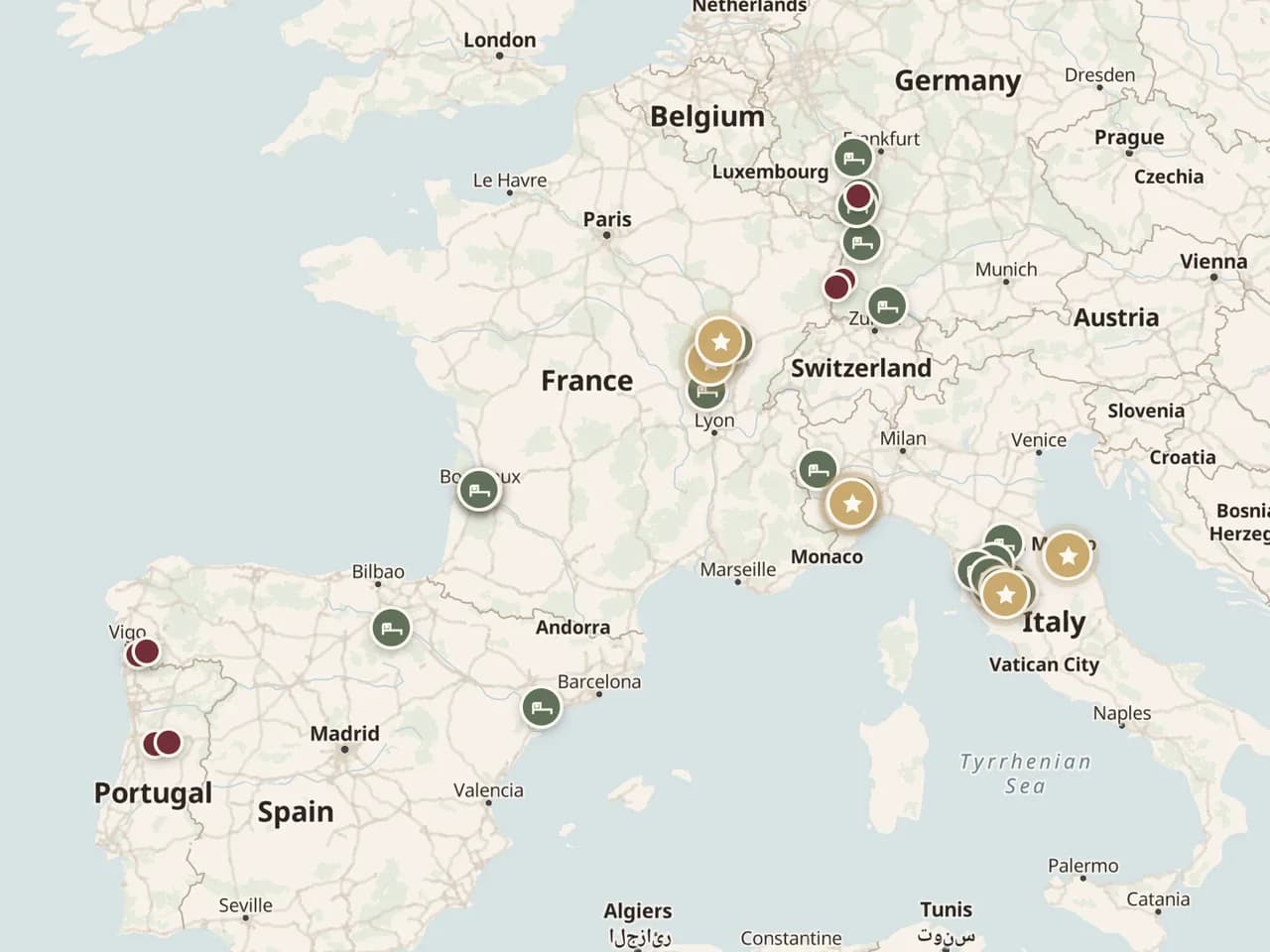 Interactieve wijnkaart van Europa met wijnhuizen en verblijven