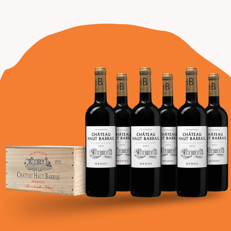 Fles Château Haut Barrail Médoc Cru Bourgeois op kist 2022