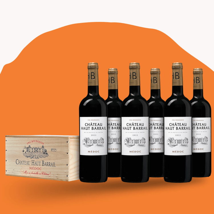 Fles Château Haut Barrail Médoc Cru Bourgeois op kist 2022